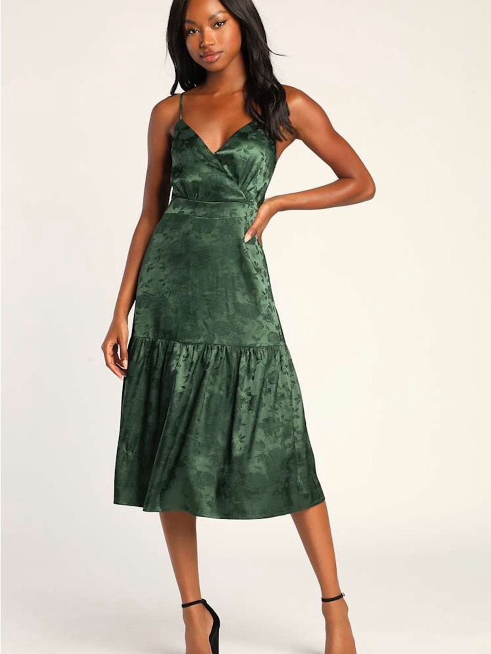 Lulus Emerald Green Satin Jacquard Midi Dress Size XL